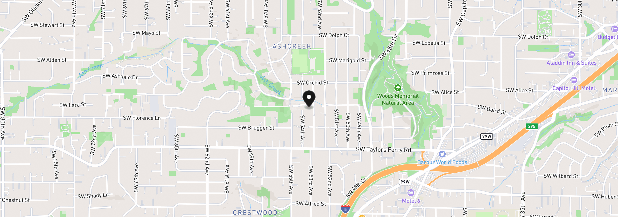 Map showing the location of 5314 SW Baird St, Portland, OR 97219