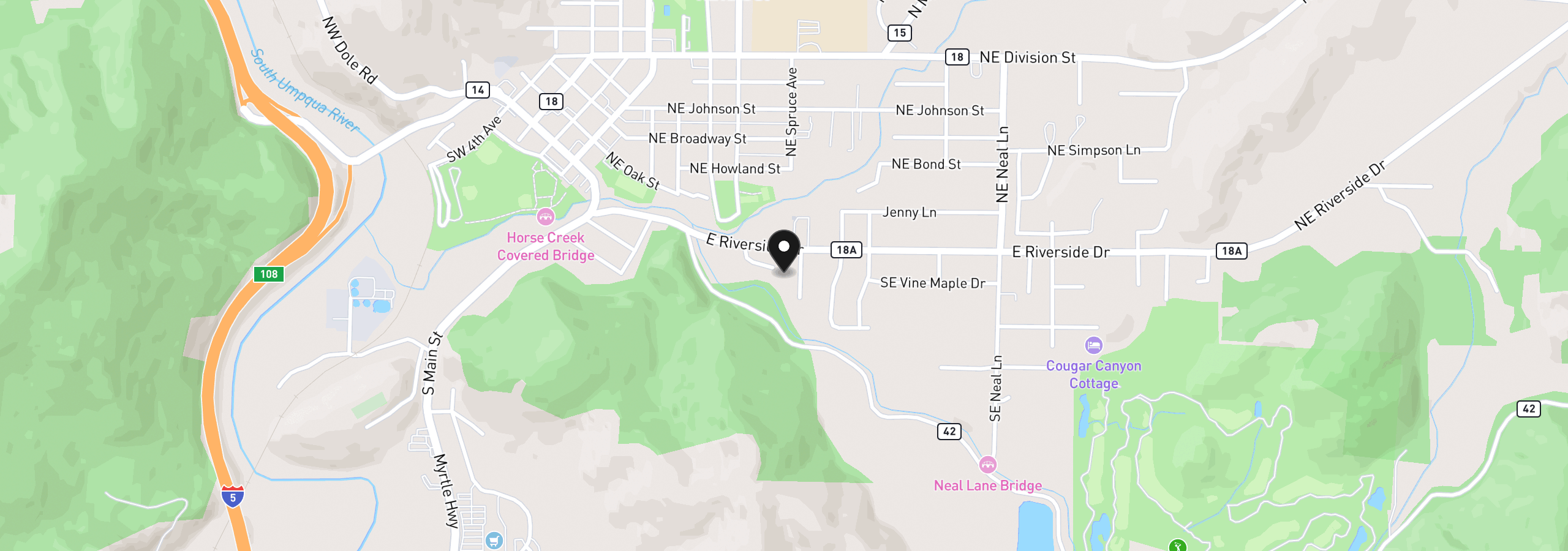 Map showing the location of 480 SE Woody Ct, Myrtle Creek, OR 97457