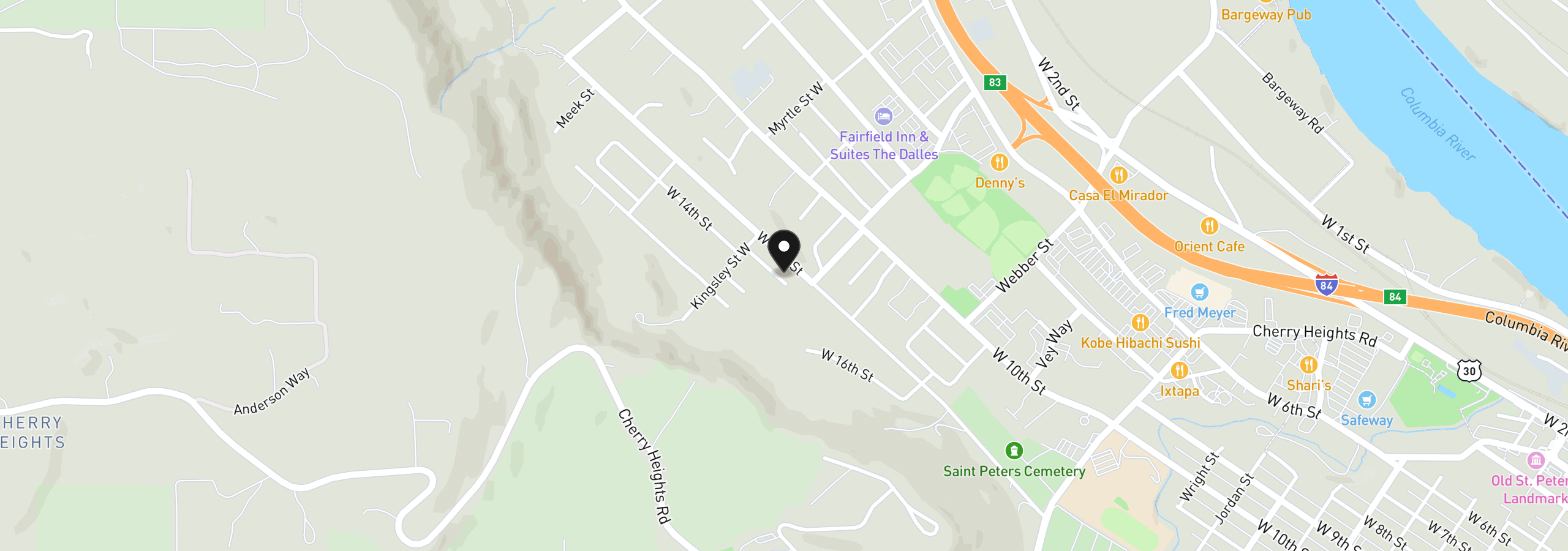 Map showing the location of 2015 W 14th St, The Dalles, OR 97058
