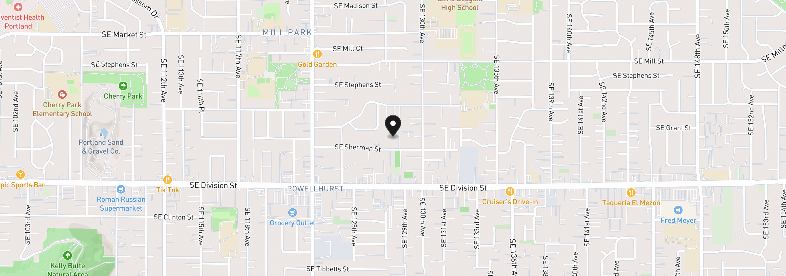 Map showing the location of 12727 SE Sherman St, Portland, OR 97233
