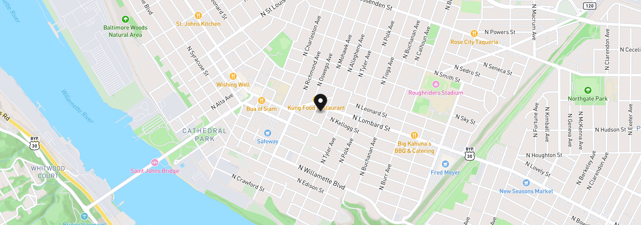 Map showing the location of 7474 N Oswego Ave 4, Portland, OR 97203