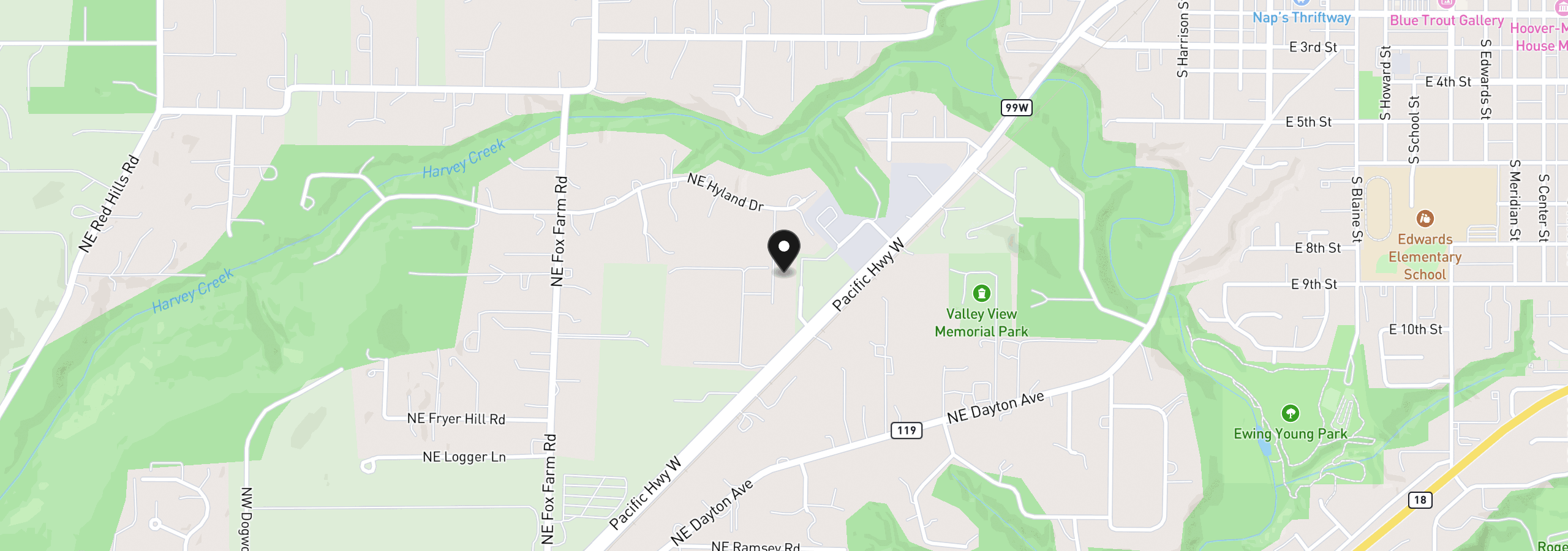 Map showing the location of 23420 NE Hyland Dr, Newberg, OR 97132