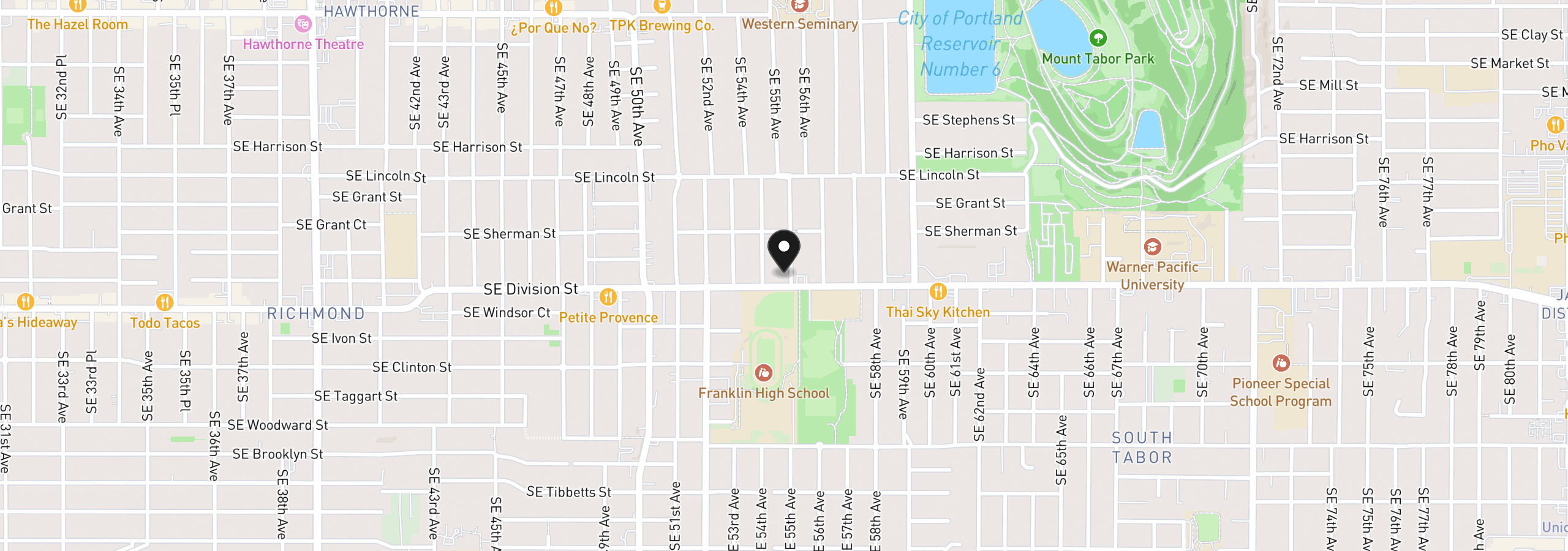Map showing the location of 5433 SE Division St, Portland, OR 97206