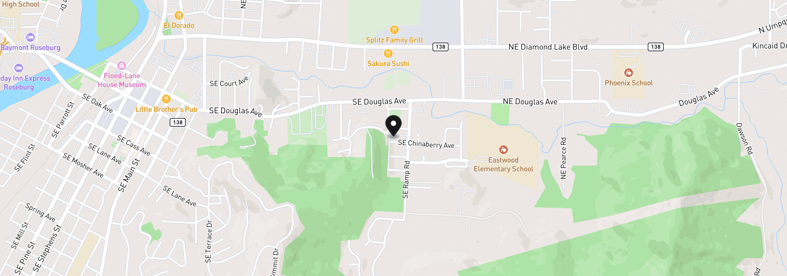 Map showing the location of 2118 SE Chinaberry Ave, Roseburg, OR 97470