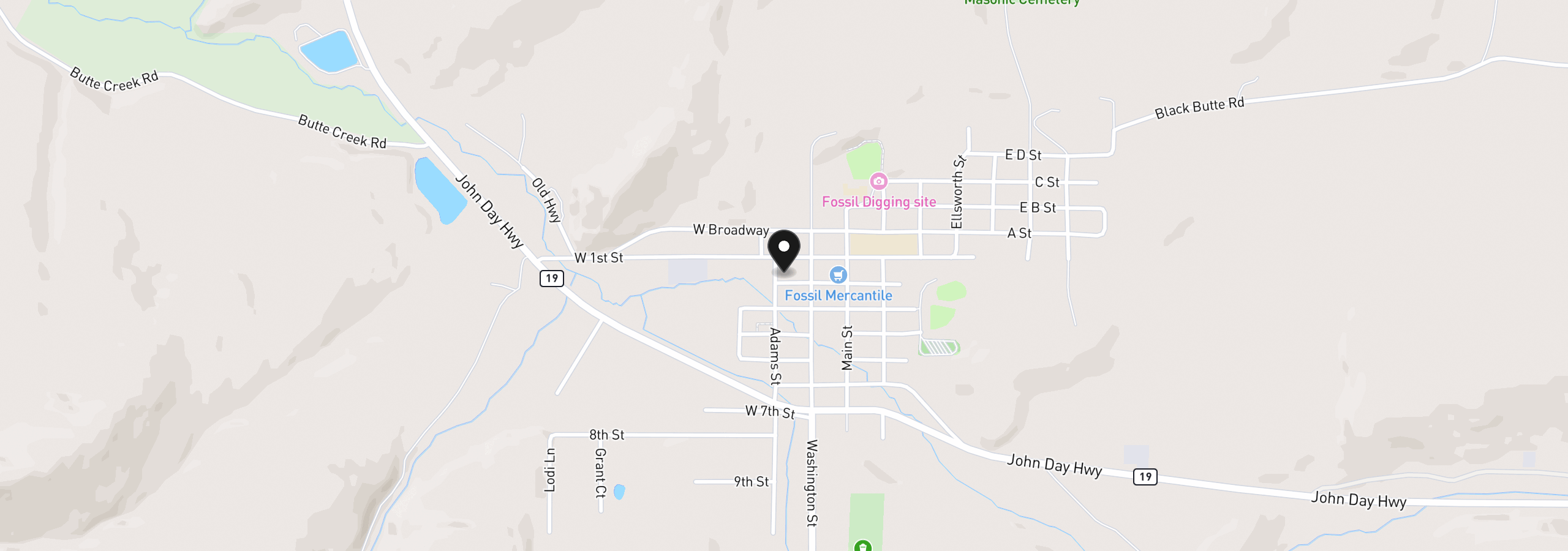 Map showing the location of 404 Second St, Fossil, OR 97830