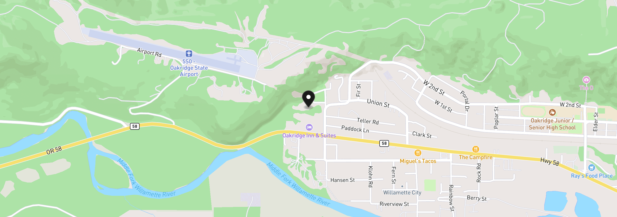 Map showing the location of 76526 W 2nd St, Oakridge, OR 97463