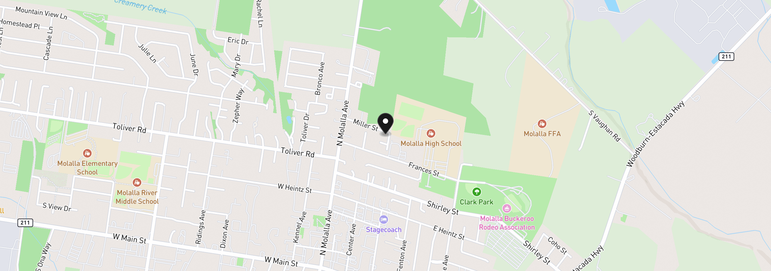 Map showing the location of 206 Miller St, Molalla, OR 97038