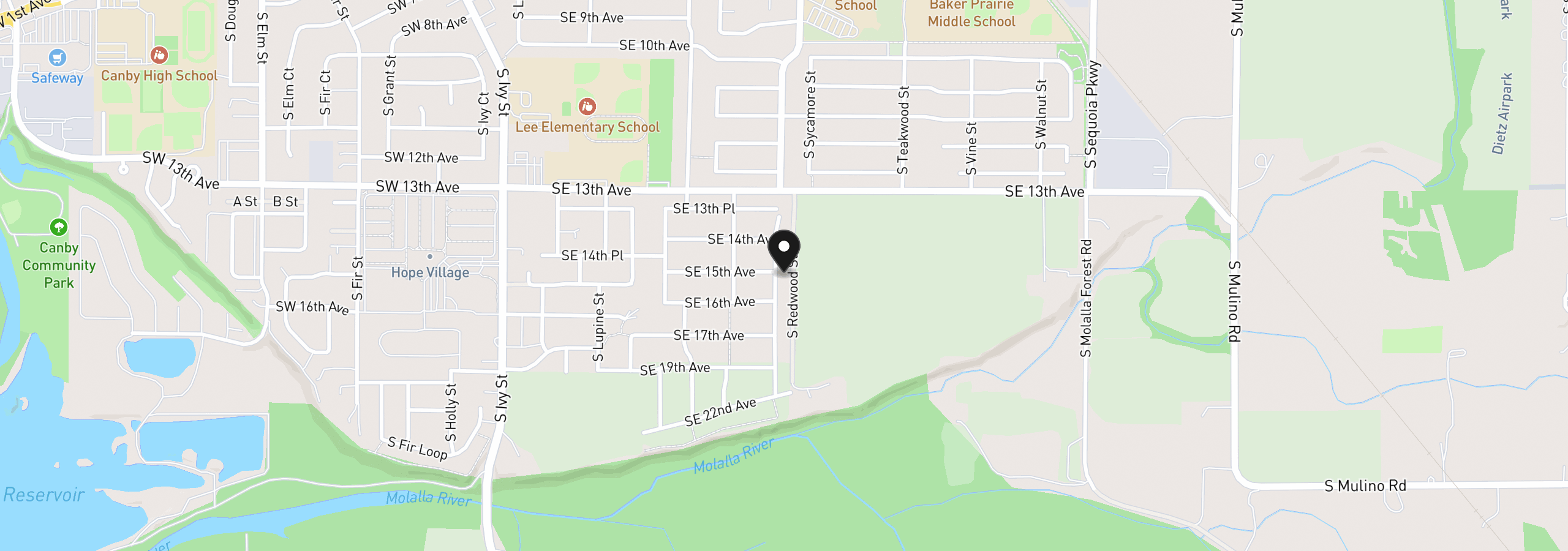 Map showing the location of 1574 S Redwood St, Canby, OR 97013