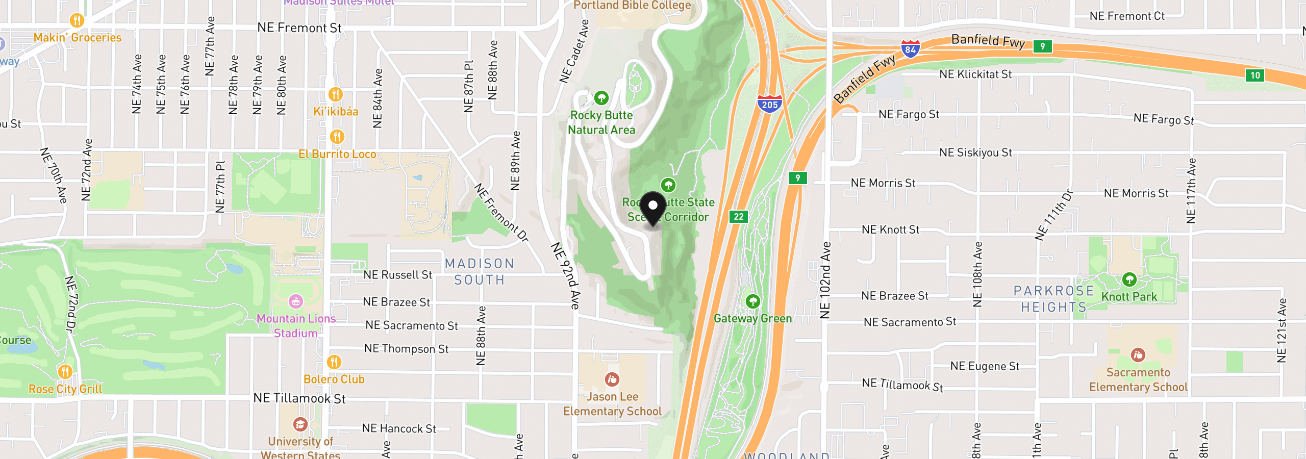 Map showing the location of NE Rocky Butte Rd, Portland, OR 97220
