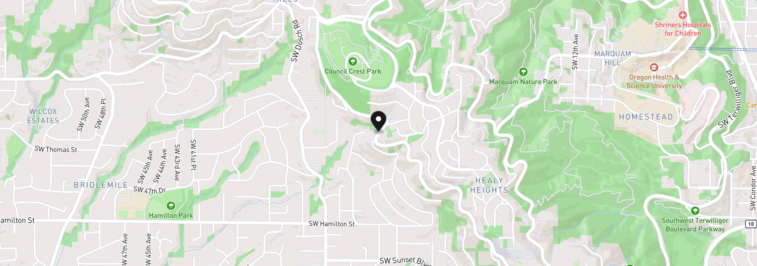 Map showing the location of 3306 SW Fairmount Blvd, Portland, OR 97239