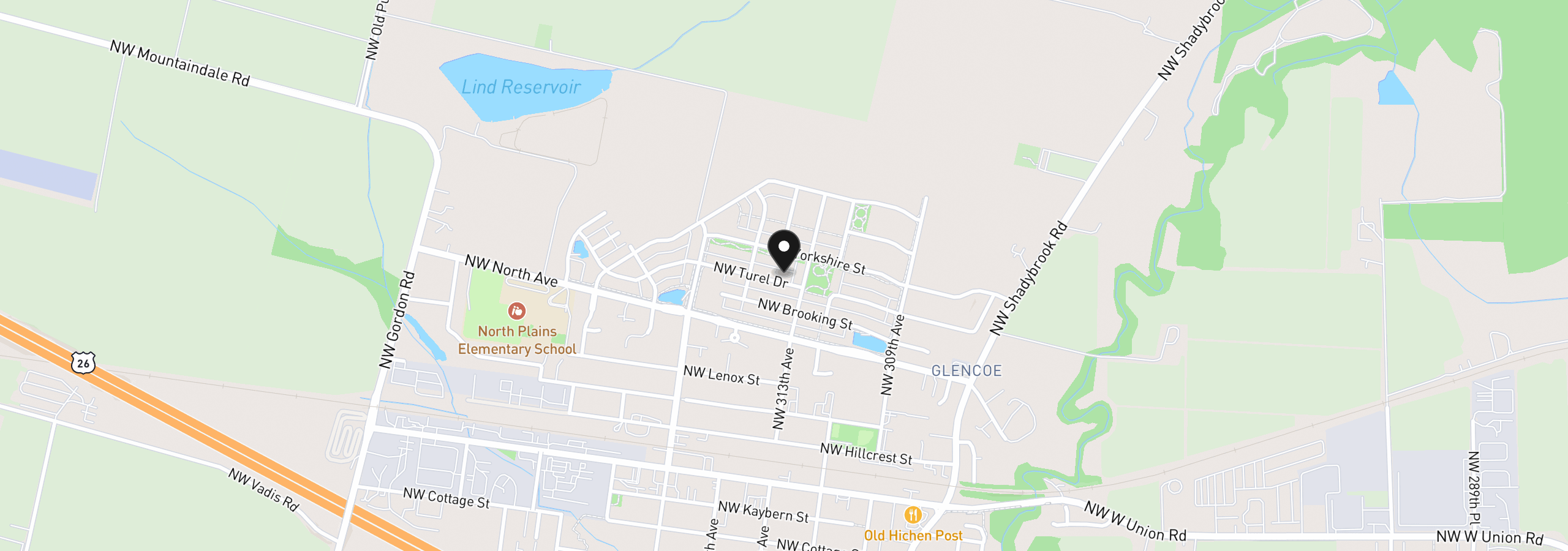 Map showing the location of 31303 NW Turel Dr, North Plains, OR 97133