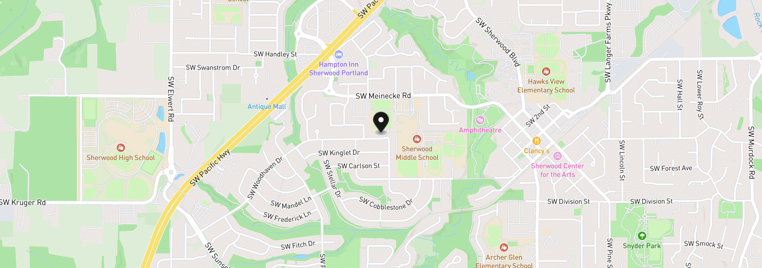 Map showing the location of 17125 SW Woodhaven Dr, Sherwood, OR 97140