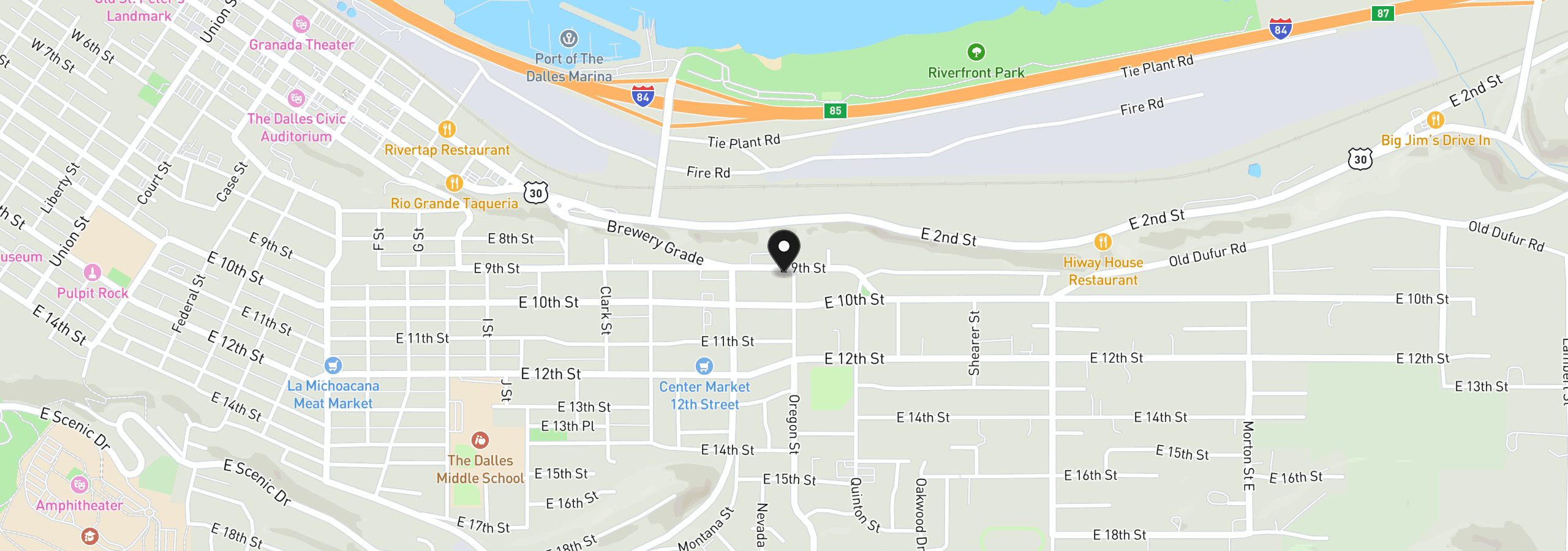 Map showing the location of 1720 E 9th St, The Dalles, OR 97058