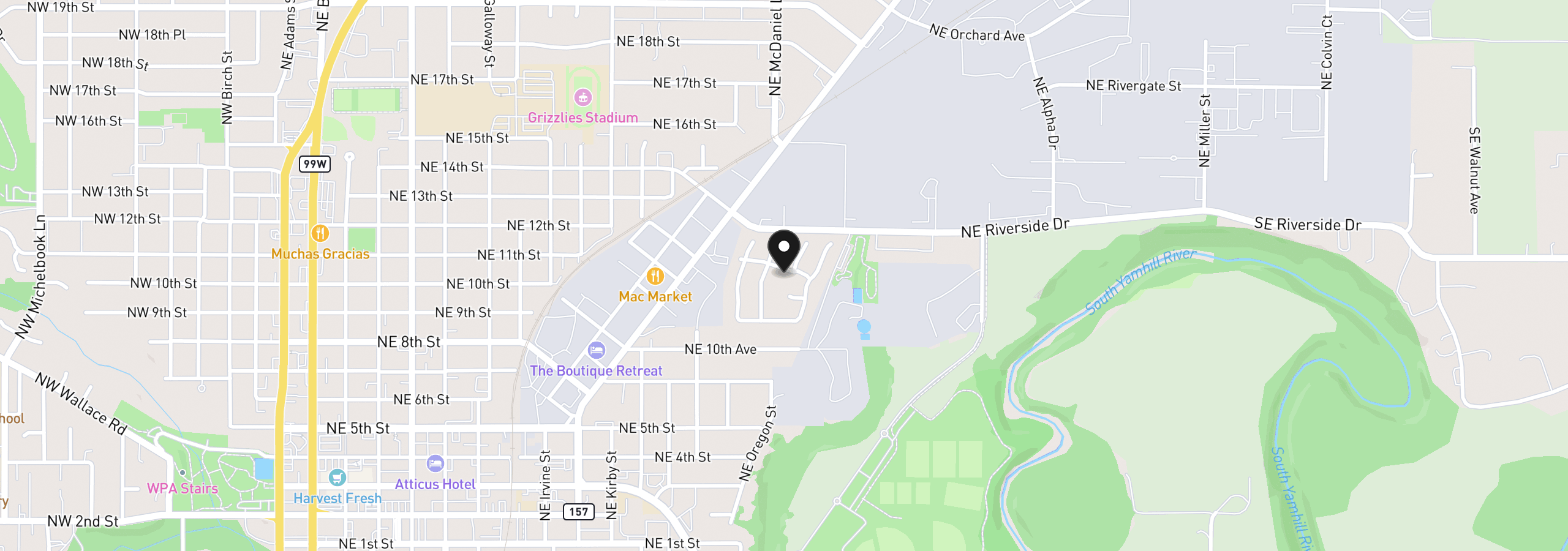 Map showing the location of 1602 NE Riverside Dr 63, McMinnville, OR 97128