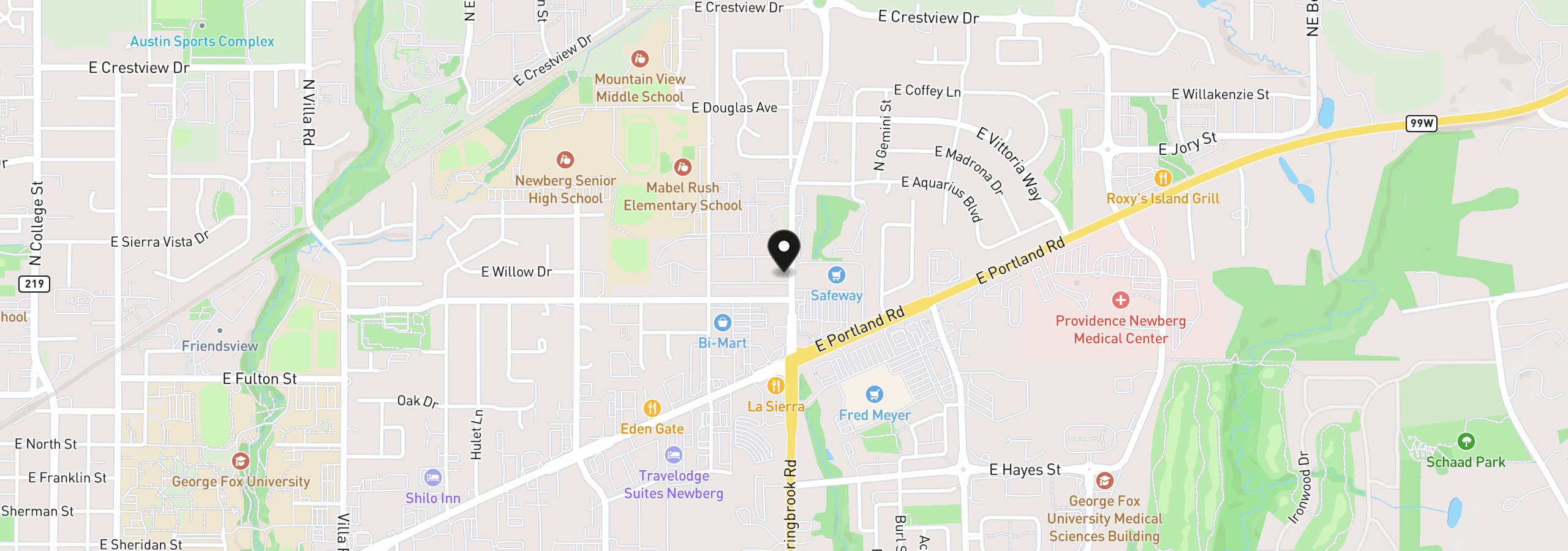 Map showing the location of 1103 N Springbrook Rd, Newberg, OR 97132