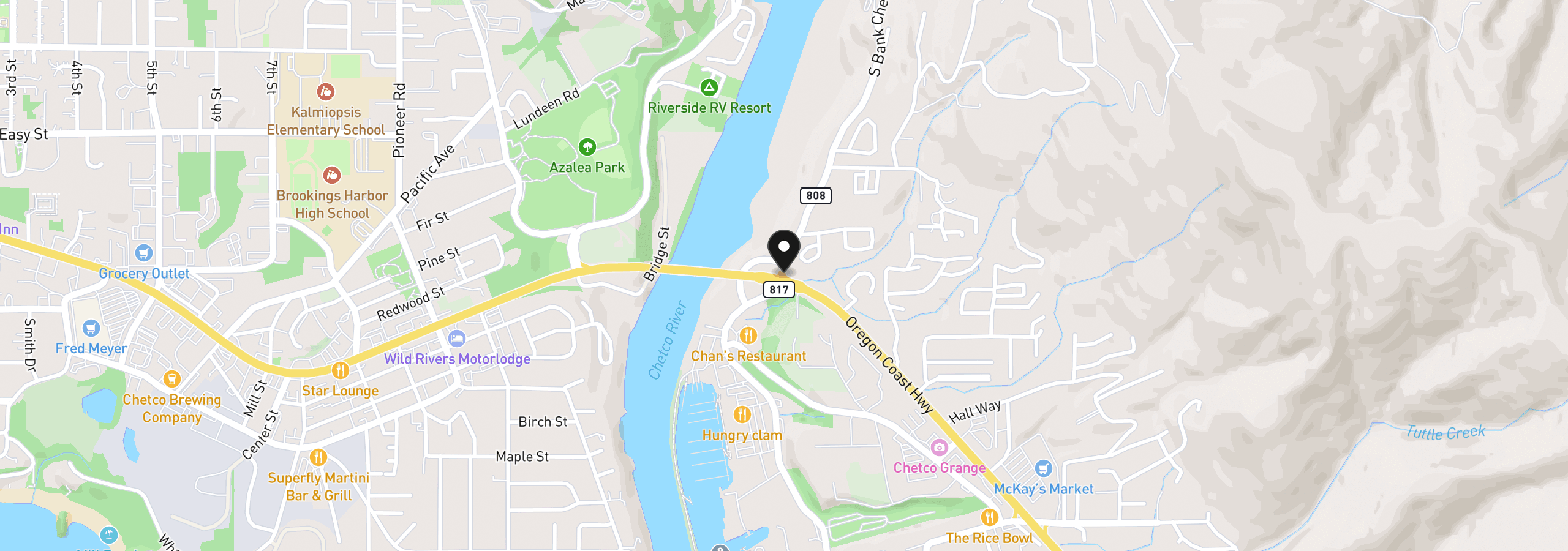 Map showing the location of 0000 S Bank Chetco Underpas, Brookings, OR 97415