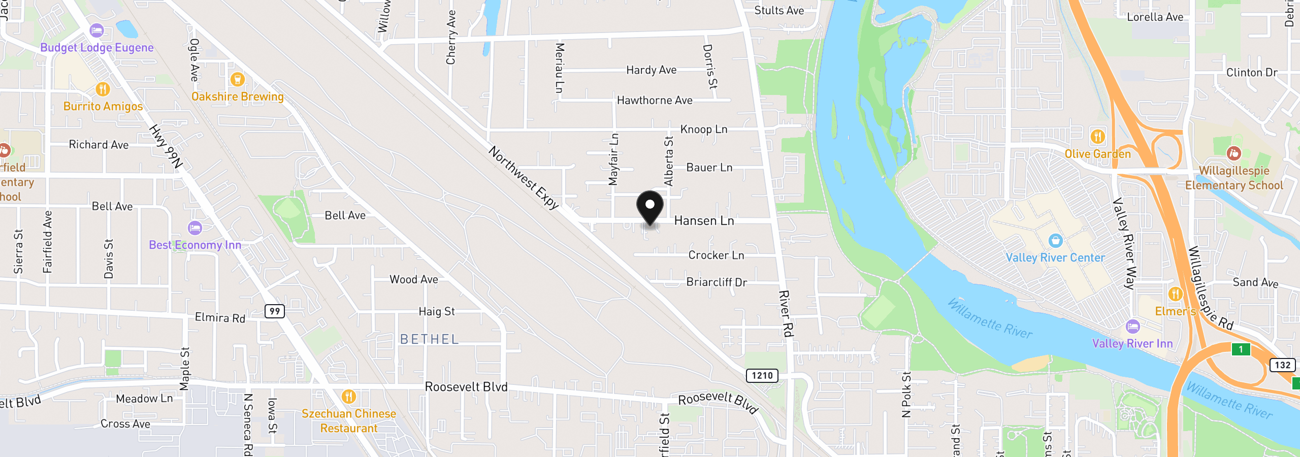 Map showing the location of 140 Hansen Ln, Eugene, OR 97404