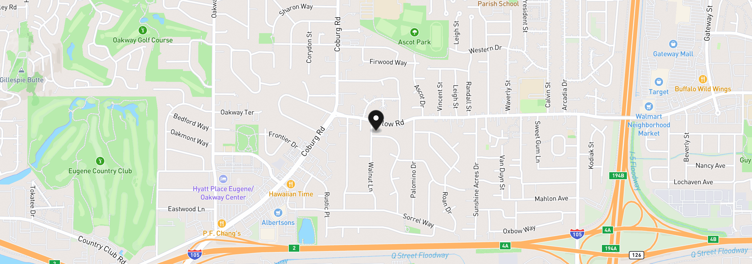 Map showing the location of 595 Dartmoor Dr, Eugene, OR 97401