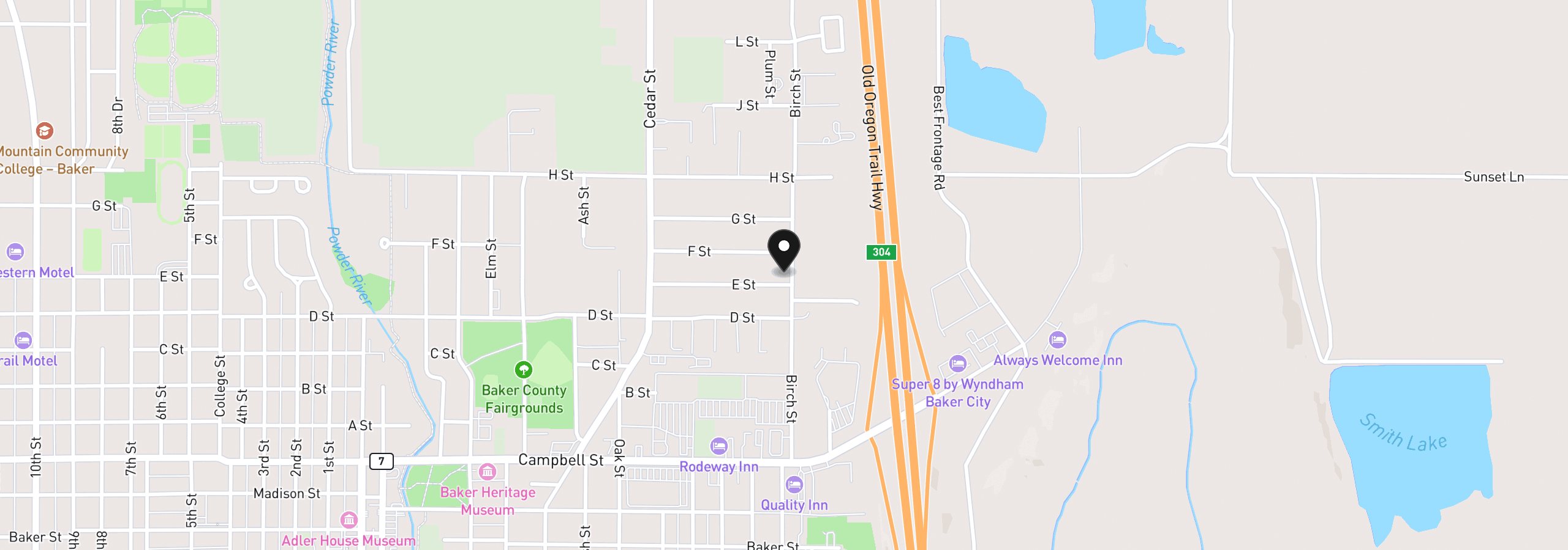 Map showing the location of 800 E St, Baker City, OR 97814