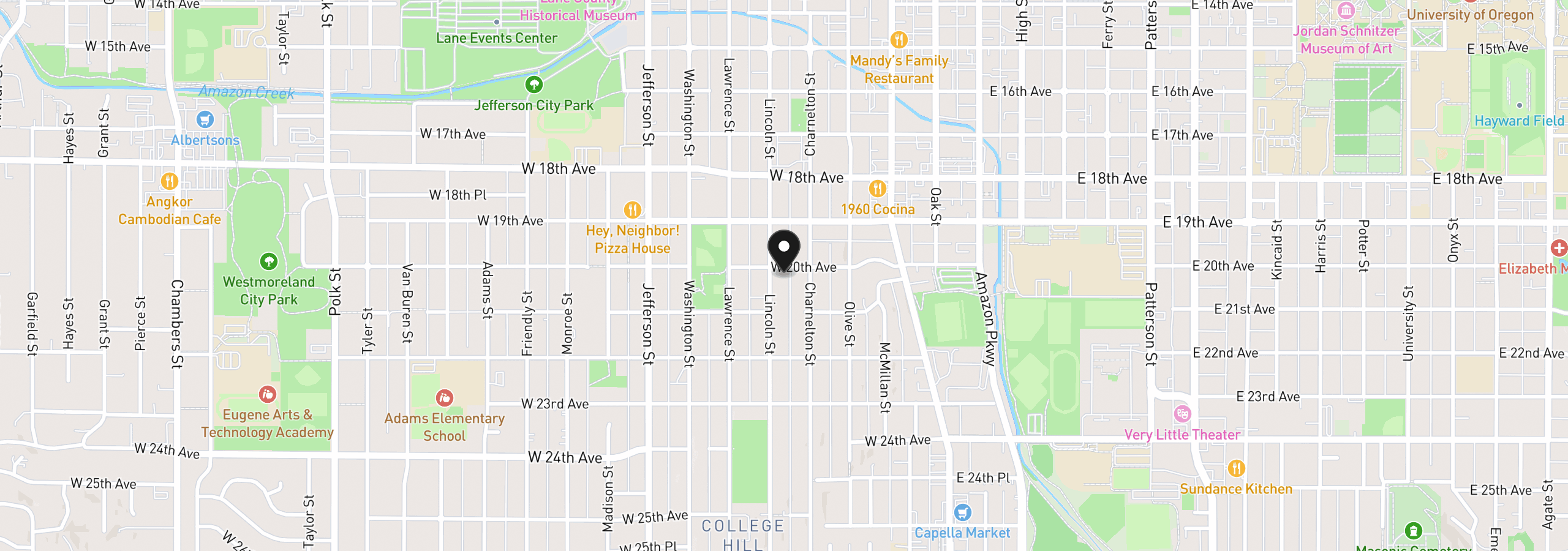 Map showing the location of 260 W 20th Ave, Eugene, OR 97405