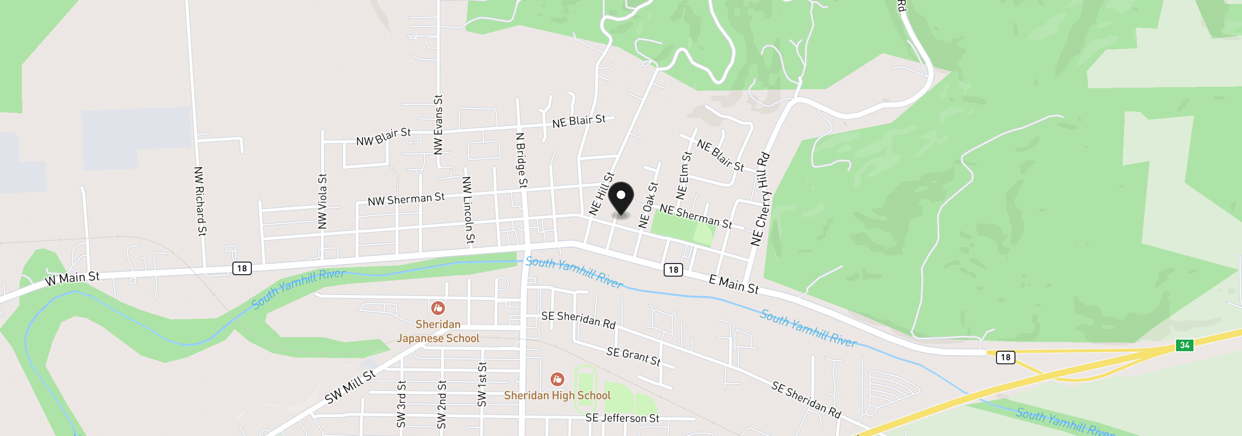 Map showing the location of 411 NE Yamhill St, Sheridan, OR 97378
