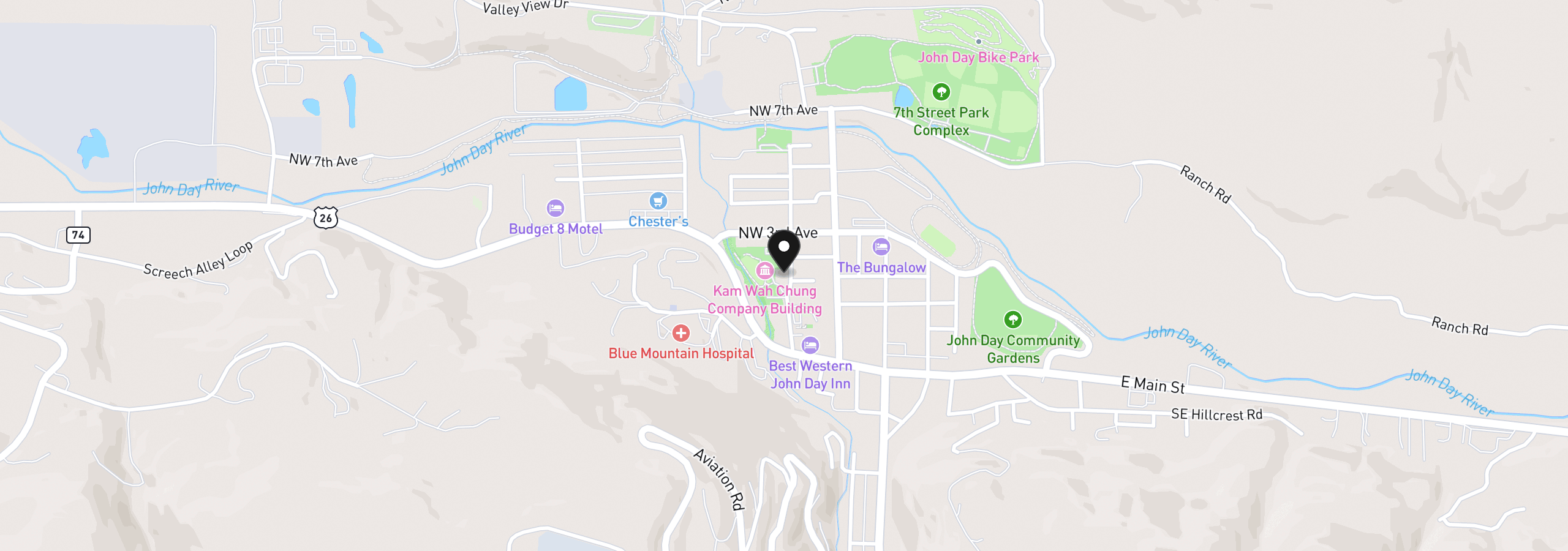 Map showing the location of 210 NW Canton St, John Day, OR 97845