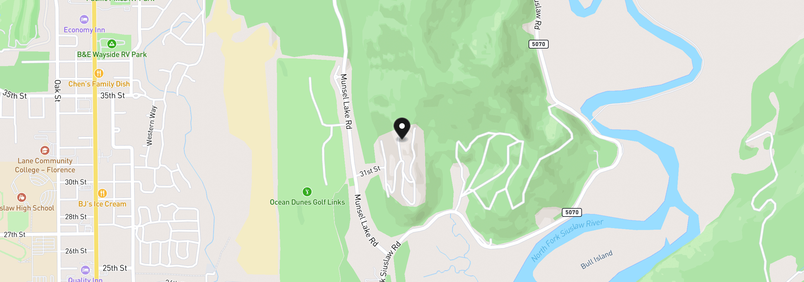 Map showing the location of 3562 Jake Mann Ln, Florence, OR 97439