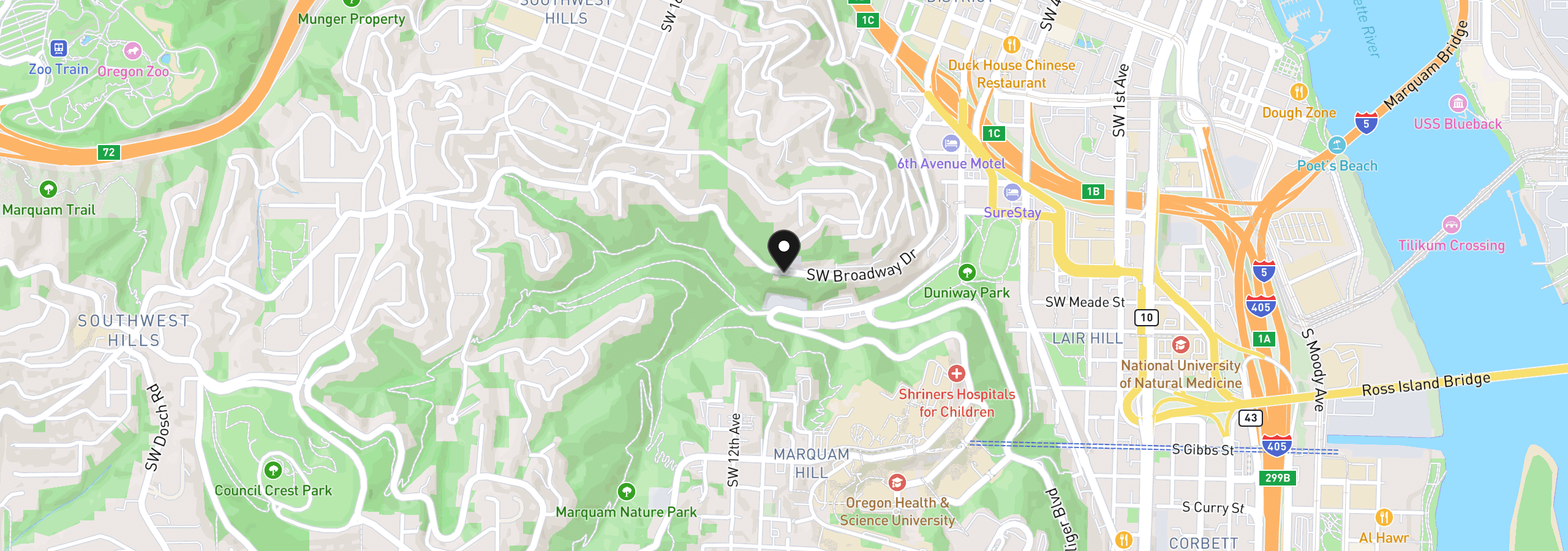 Map showing the location of 0 SW Broadway Dr, Portland, OR 97201