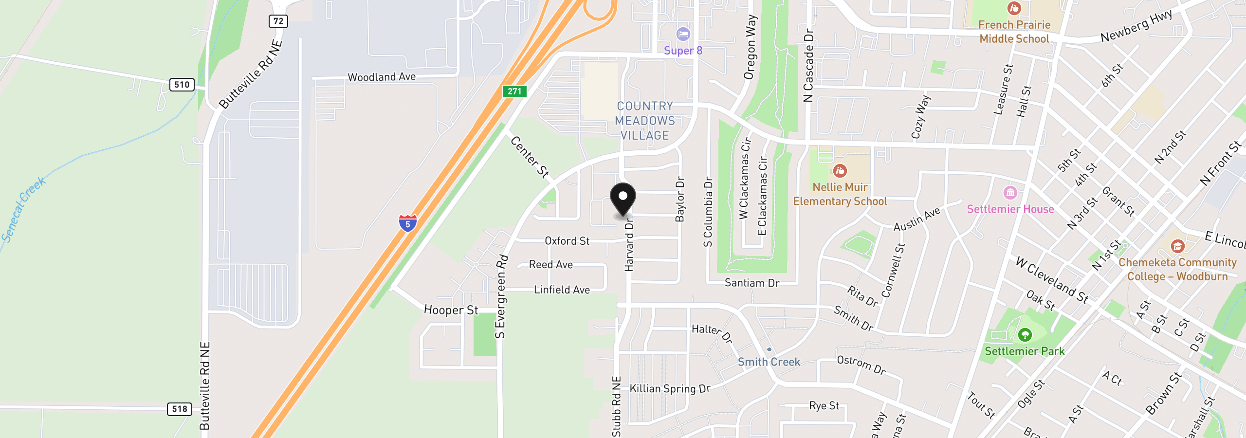 Map showing the location of 289 Harvard Dr, Woodburn, OR 97071