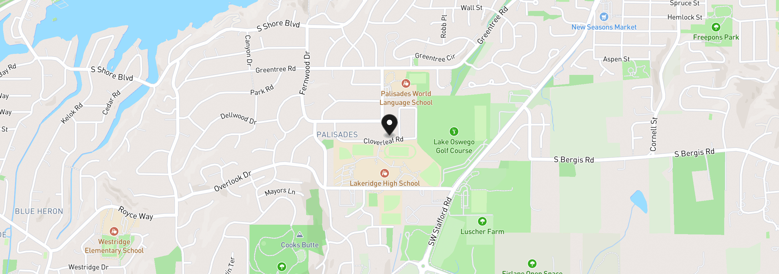 Map showing the location of 1545 Cloverleaf Rd, Lake Oswego, OR 97034