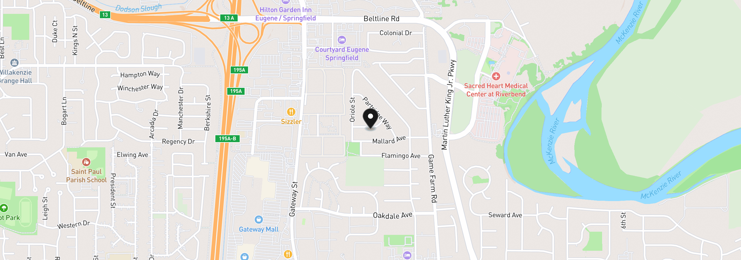 Map showing the location of 637 Tinamou Ln, Springfield, OR 97477