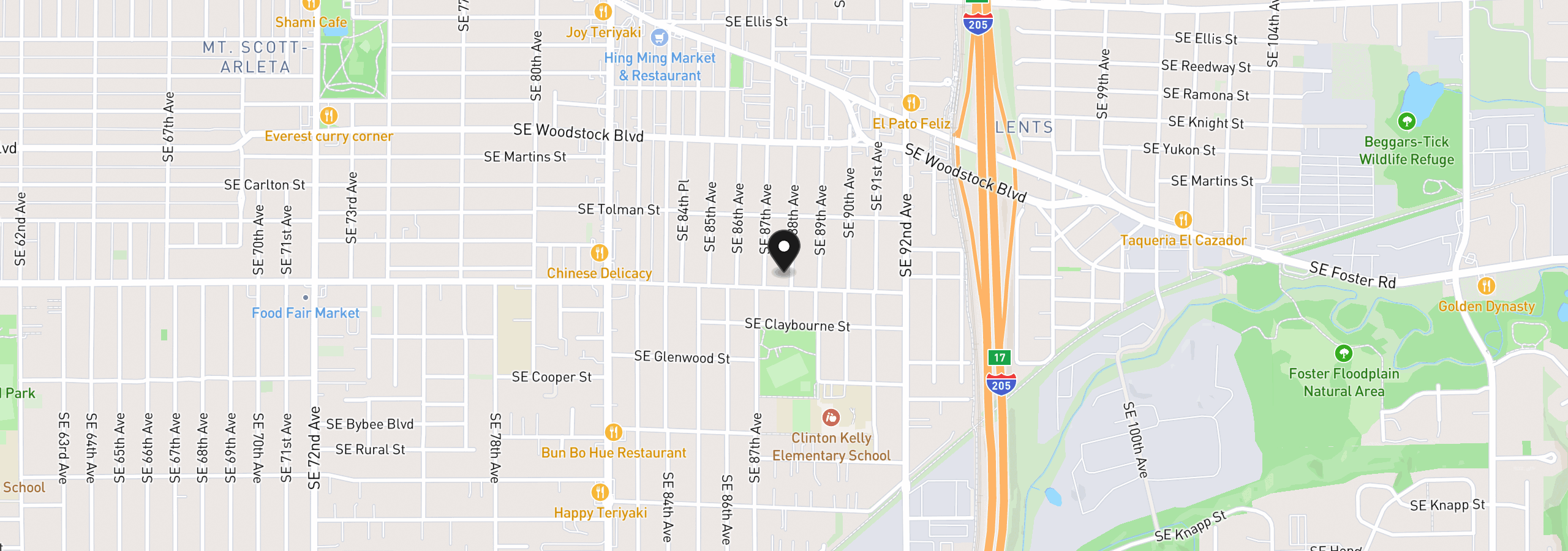 Map showing the location of 6437 SE 88th Ave, Portland, OR 97266