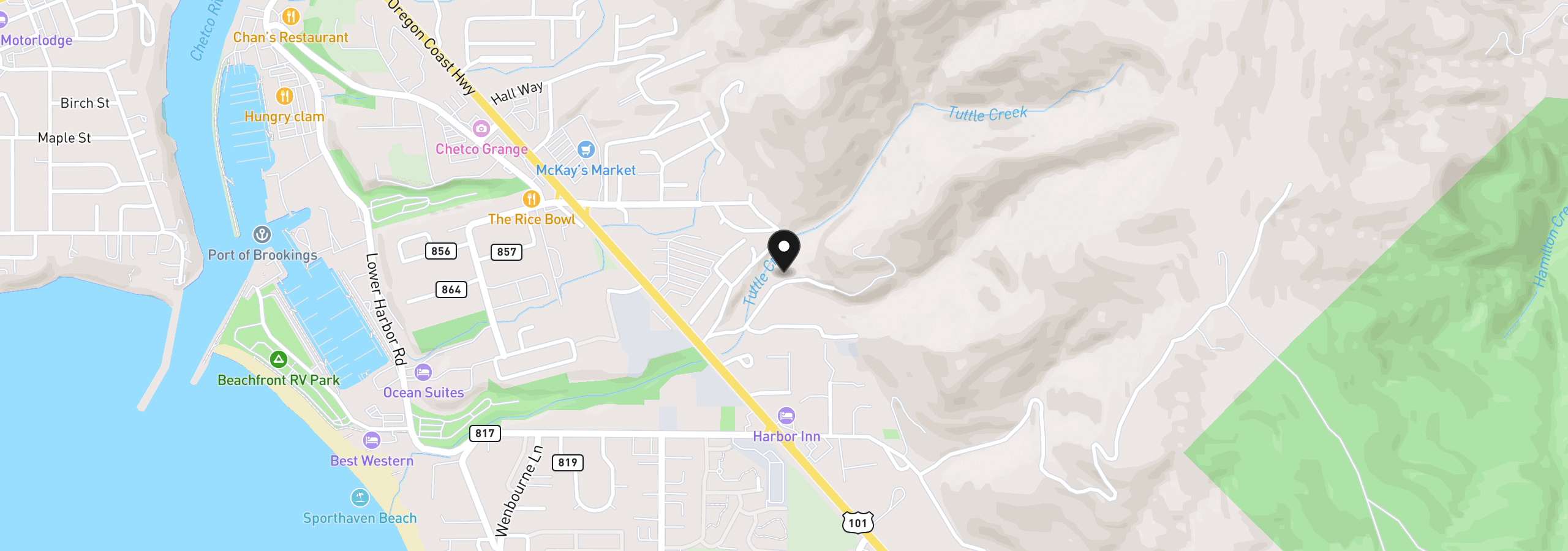 Map showing the location of 98171 Tuttle Ln, Brookings, OR 97415