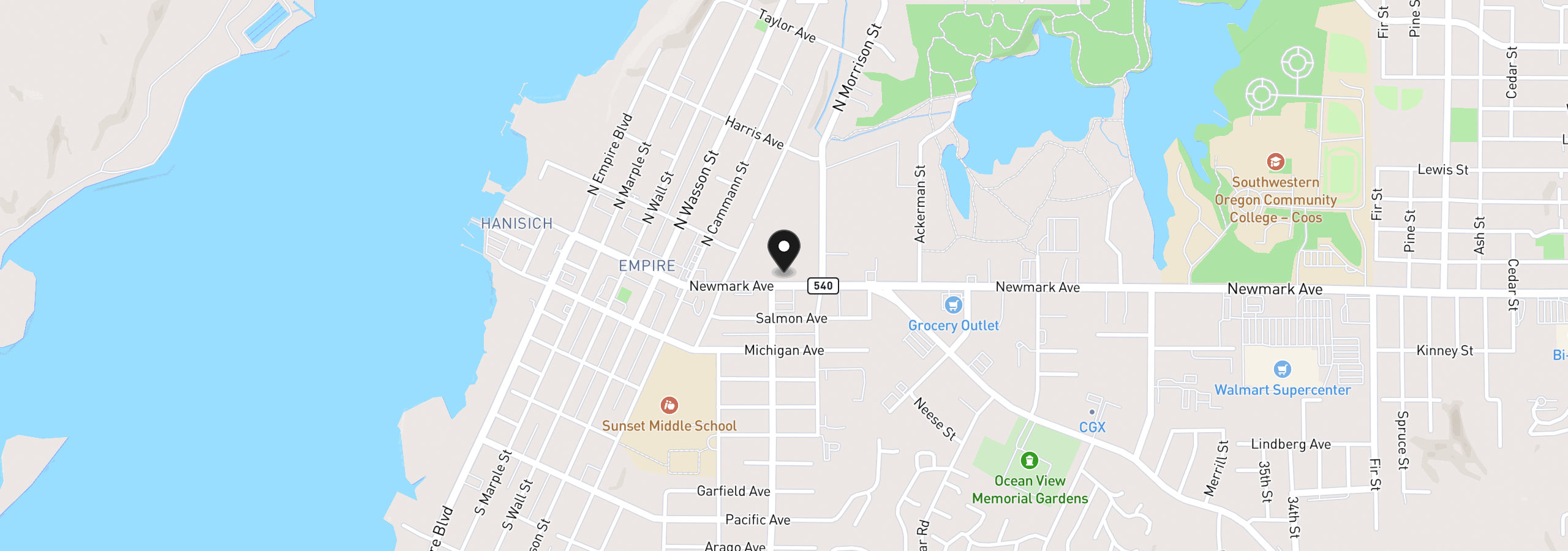 Map showing the location of 1022 Newmark Ave, Coos Bay, OR 97420