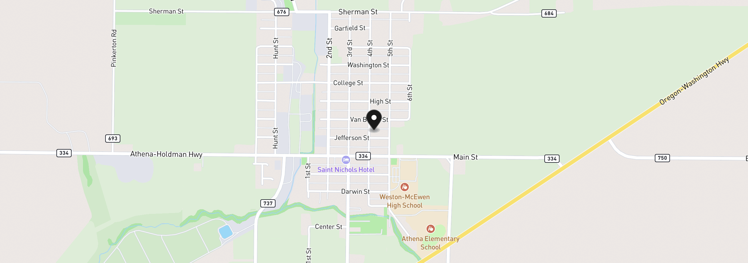 Map showing the location of 247 4th St, Athena, OR 97813