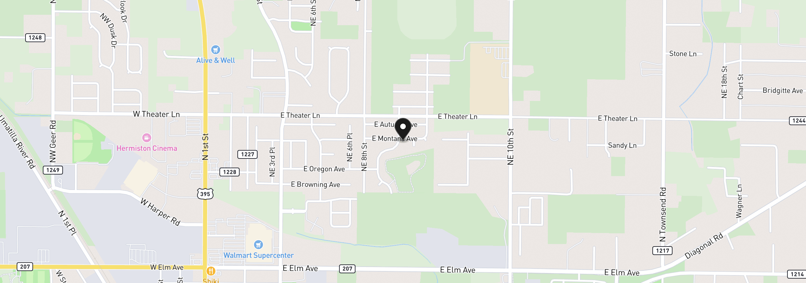 Map showing the location of 1750 NE 8th Pl, Hermiston, OR 97838