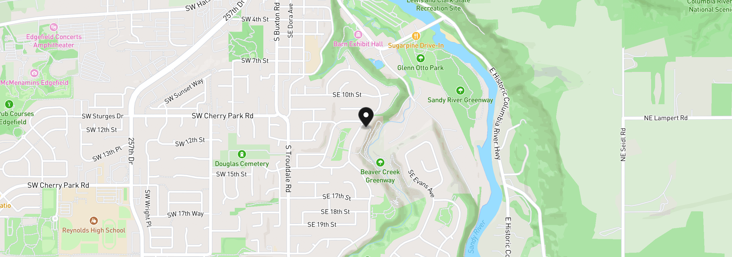 Map showing the location of 1210 SE Beaver Creek Ln, Troutdale, OR 97060
