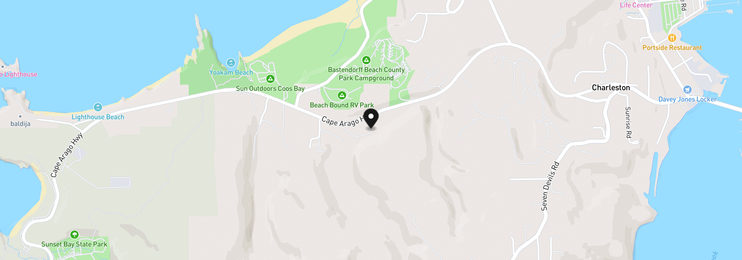 Map showing the location of 90410 Cape Arago Hwy, Coos Bay, OR 97420