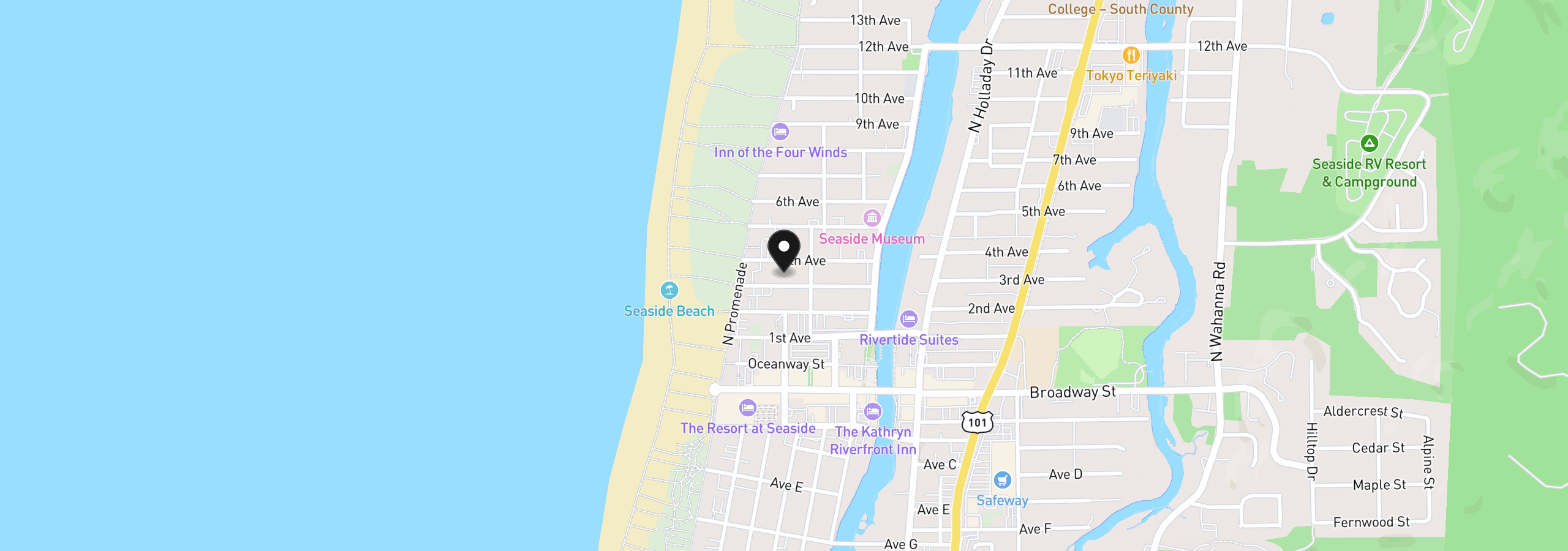 Map showing the location of 136 3rd Ave B, Seaside, OR 97138