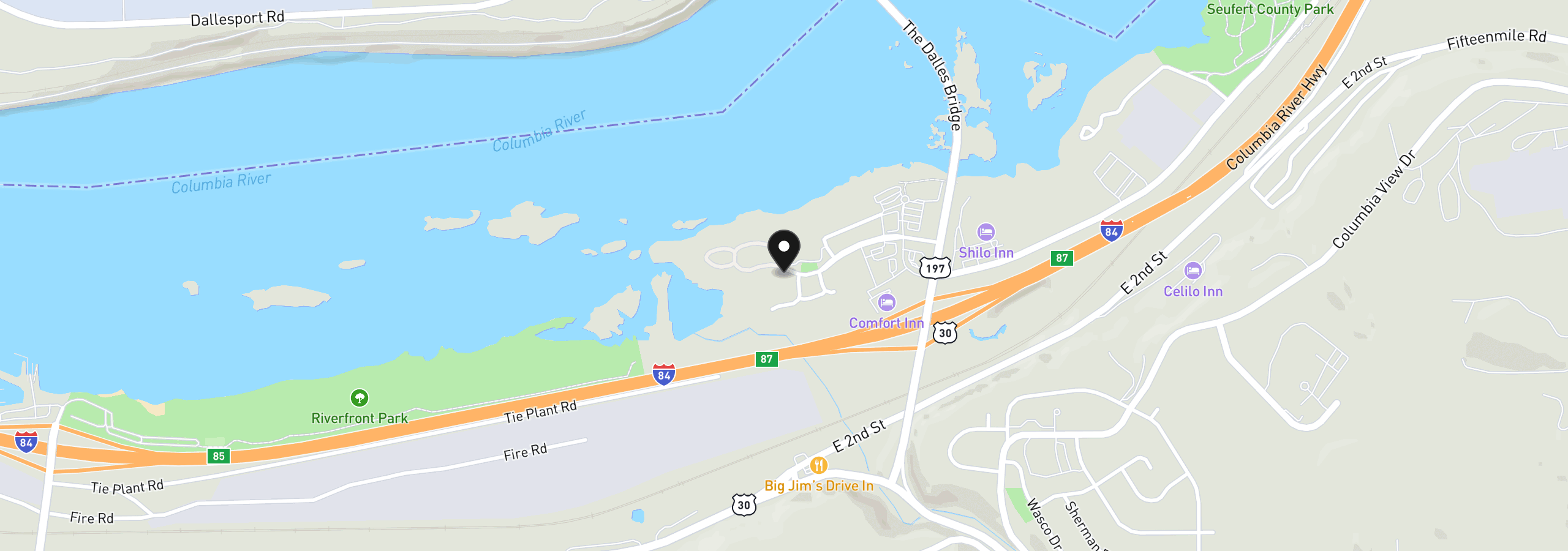 Map showing the location of 100 Southshore Ave, The Dalles, OR 97058