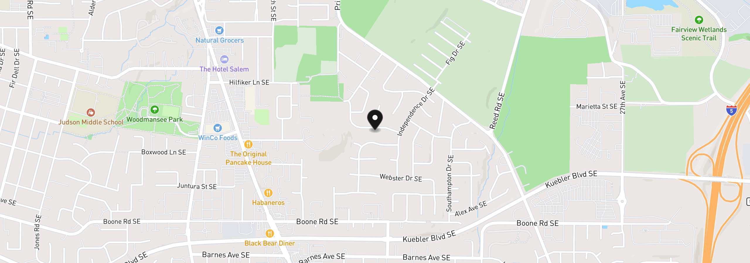 Map showing the location of 1590 Jamestown St, Salem, OR 97302