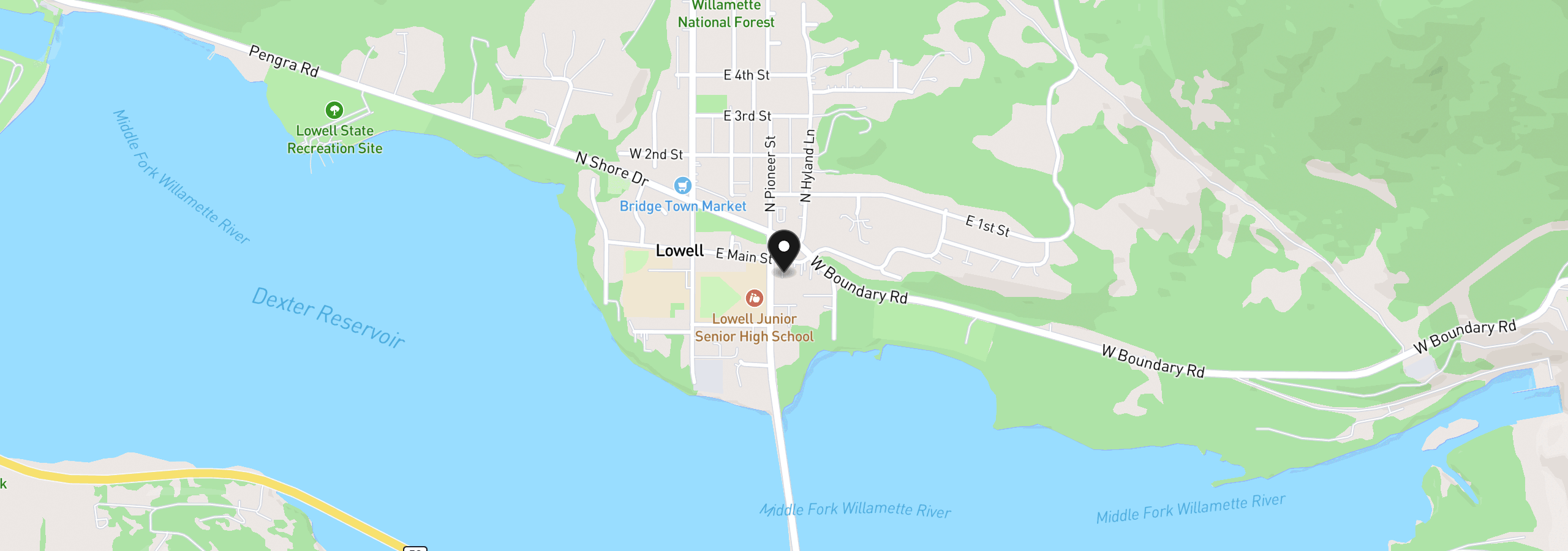 Map showing the location of 220 E Main St, Lowell, OR 97452