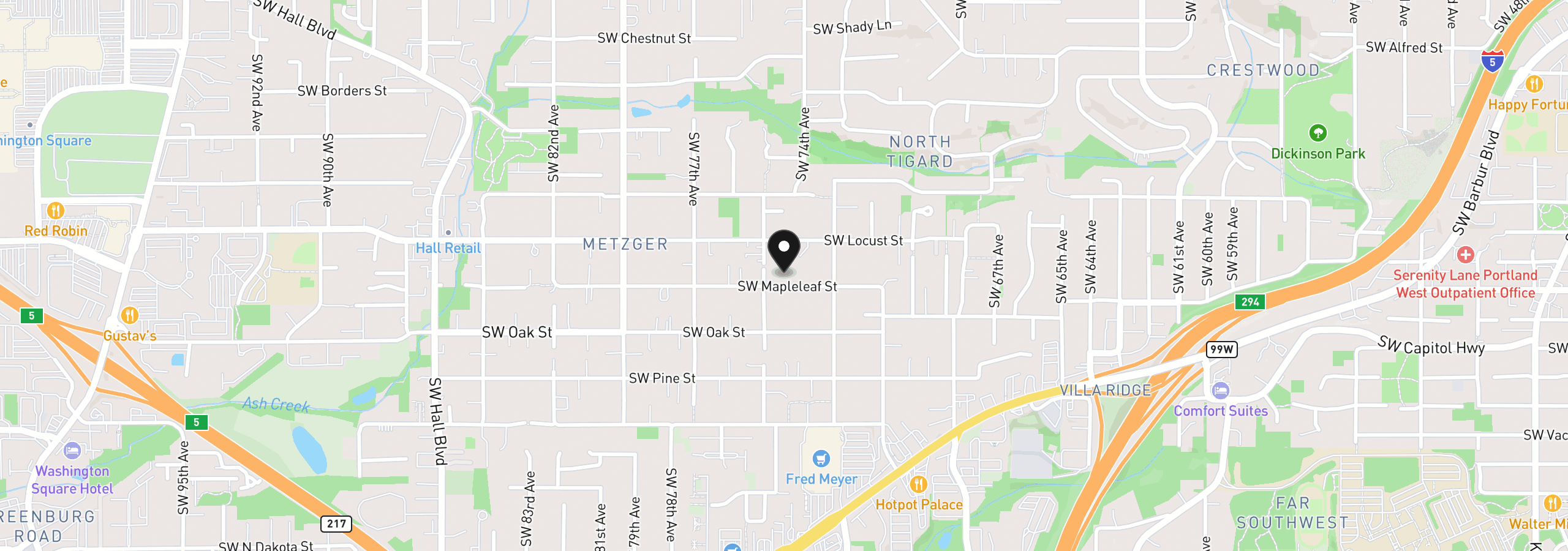 Map showing the location of 7403 SW Mapleleaf St, Portland, OR 97223