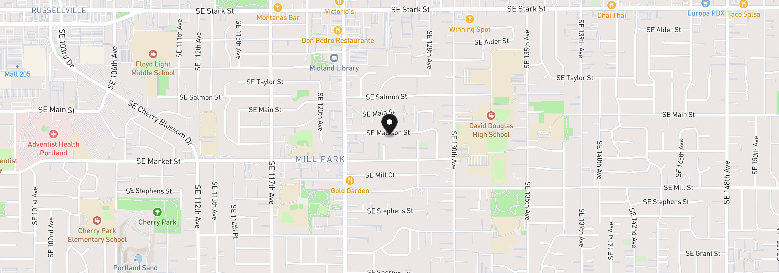 Map showing the location of 12504 SE Madison St, Portland, OR 97233
