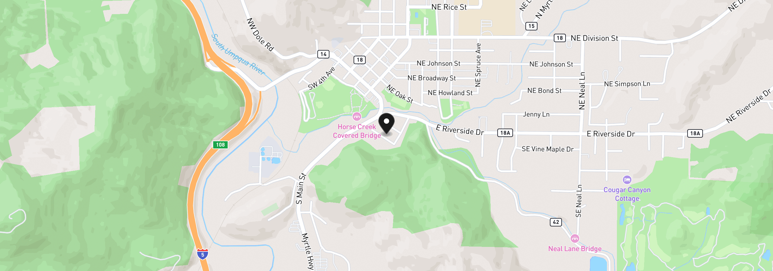 Map showing the location of 195 SE Mill St, Myrtle Creek, OR 97457