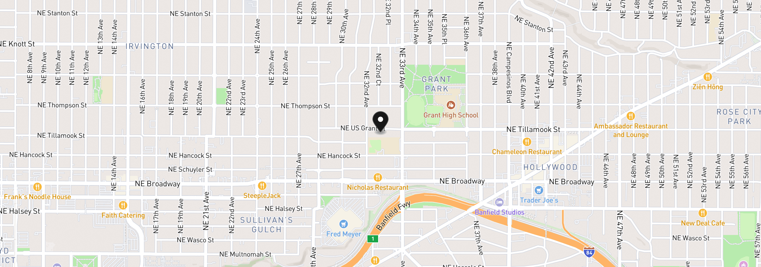 Map showing the location of 3230 NE Us Grant Pl, Portland, OR 97212