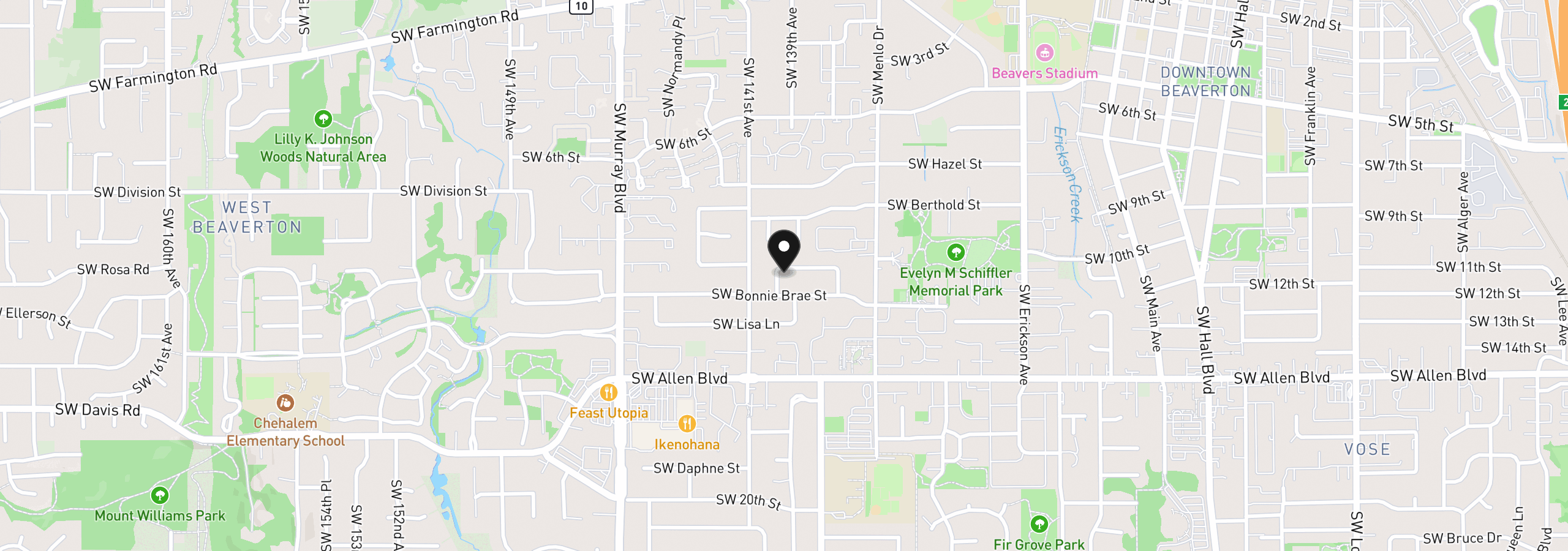 Map showing the location of 13970 SW Bonnie Brae Ct, Beaverton, OR 97005