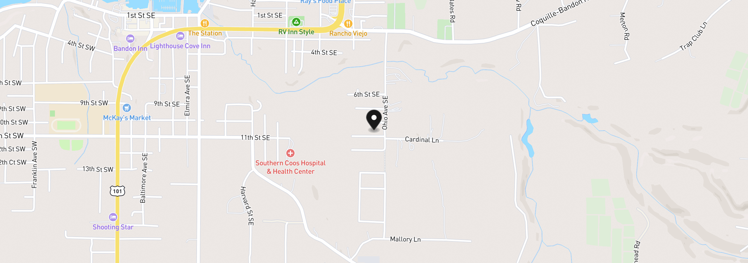 Map showing the location of 1185 11th St SE, Bandon, OR 97411