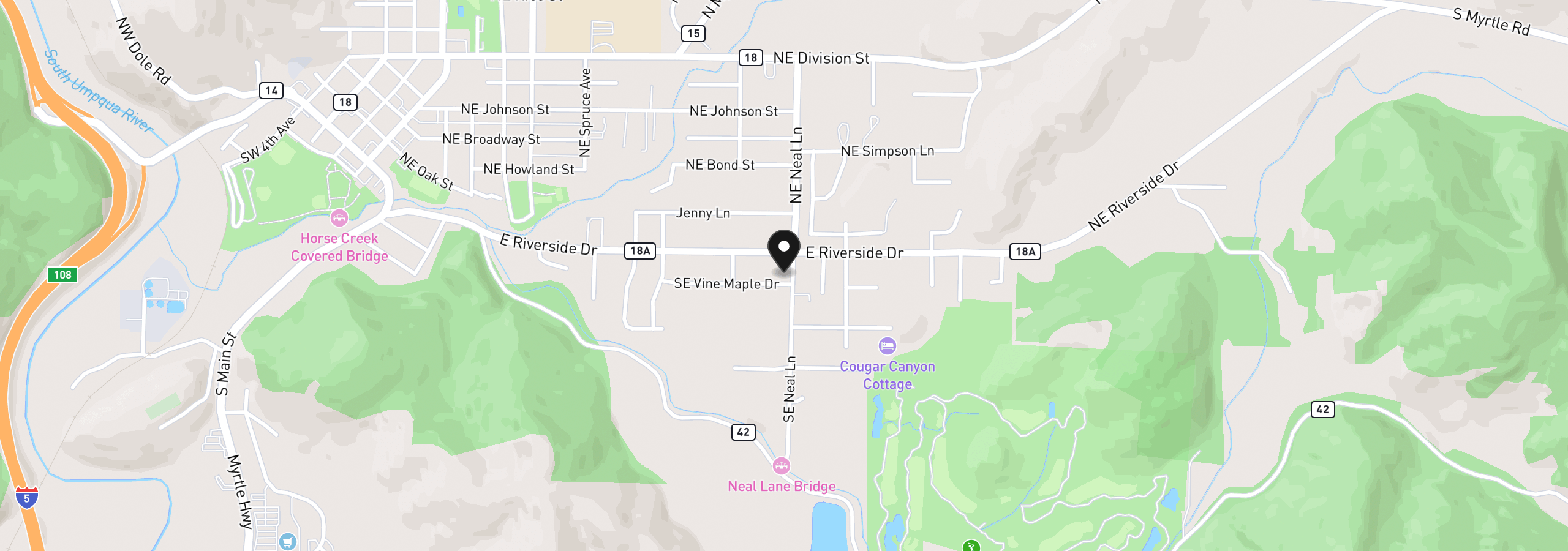 Map showing the location of 144 SE Neal Ln, Myrtle Creek, OR 97457