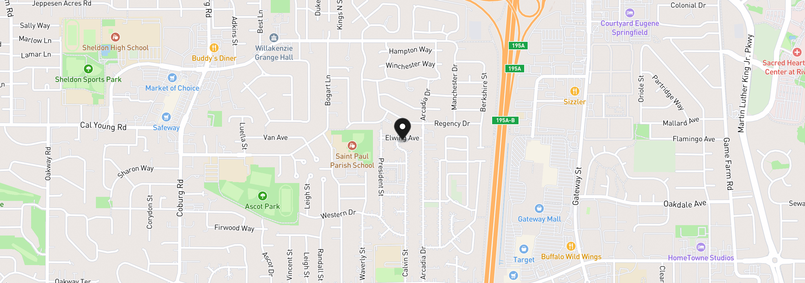 Map showing the location of 3513 Elwing Ave, Eugene, OR 97401